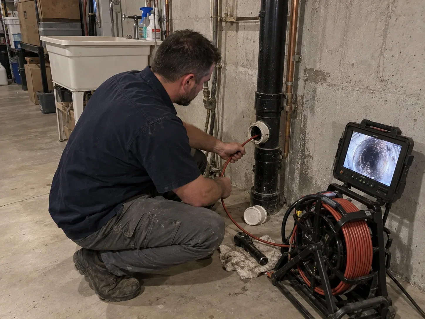 Plumber running a sewer camera through a basement cleanout in Chatham-Kent