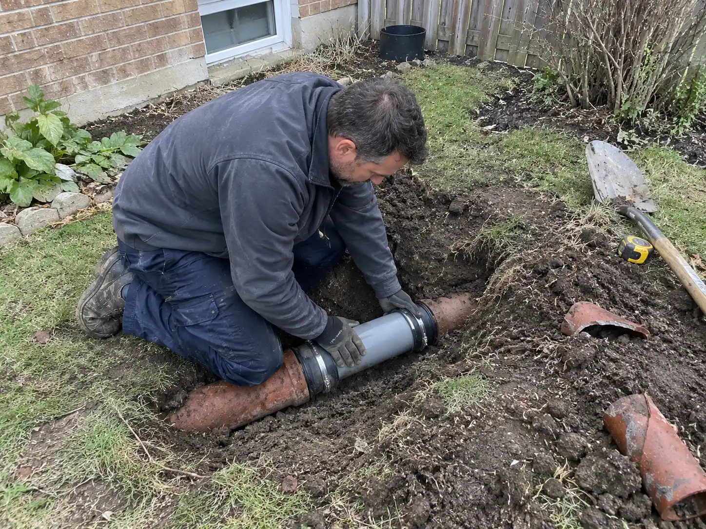 Trench with old clay sewer pipe exposed in a residential yard
