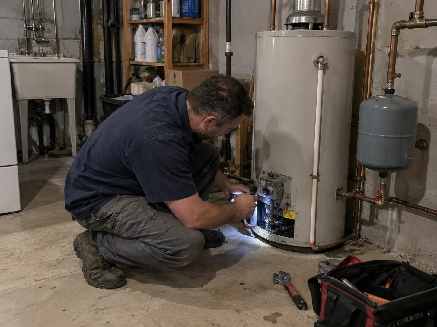 Plumber servicing a gas water heater in a Chatham-Kent basement