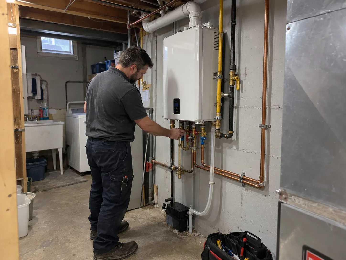 New tankless water heater mounted on a basement wall