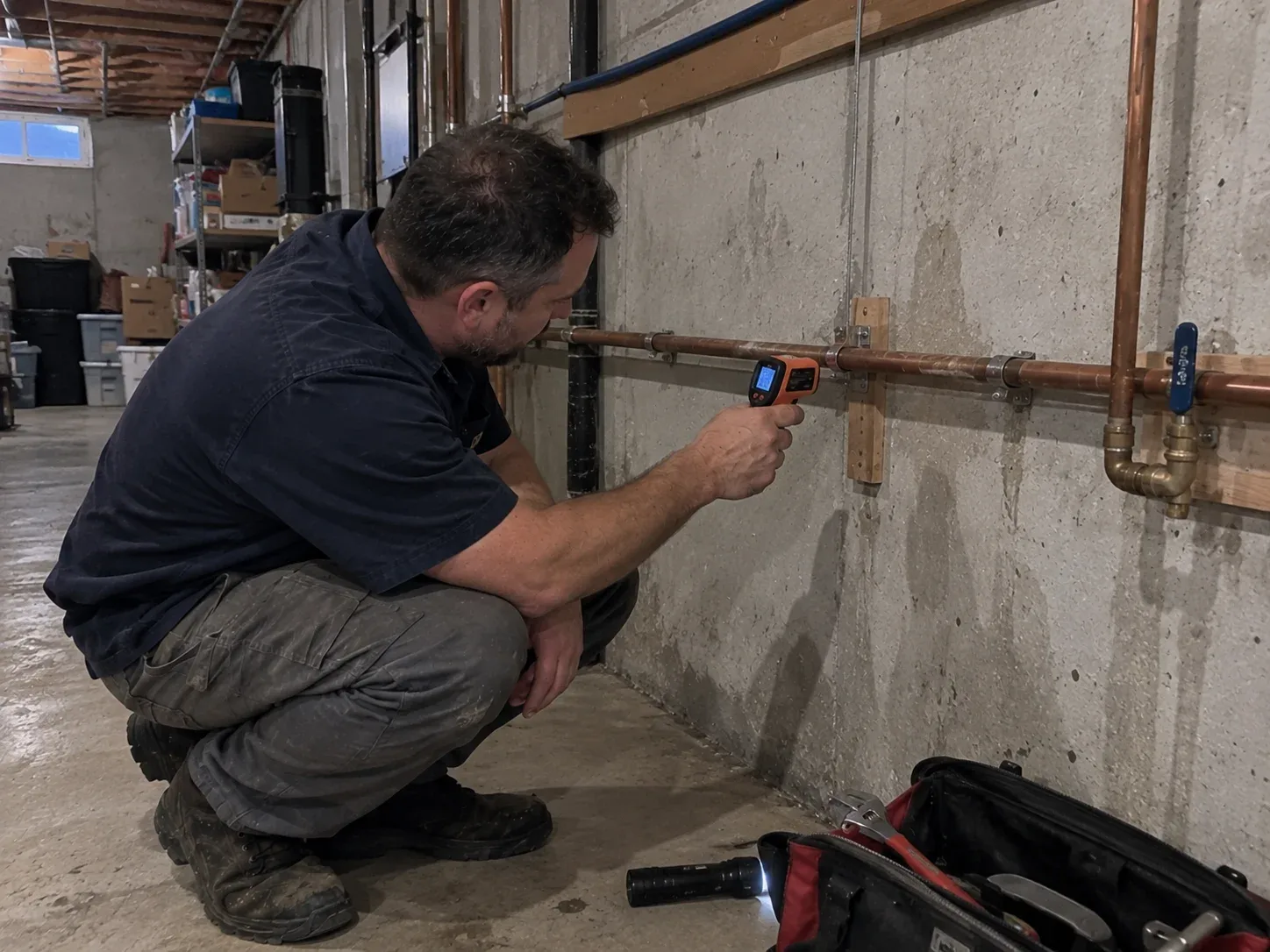 Plumber checking a frozen pipe in a Chatham-Kent basement