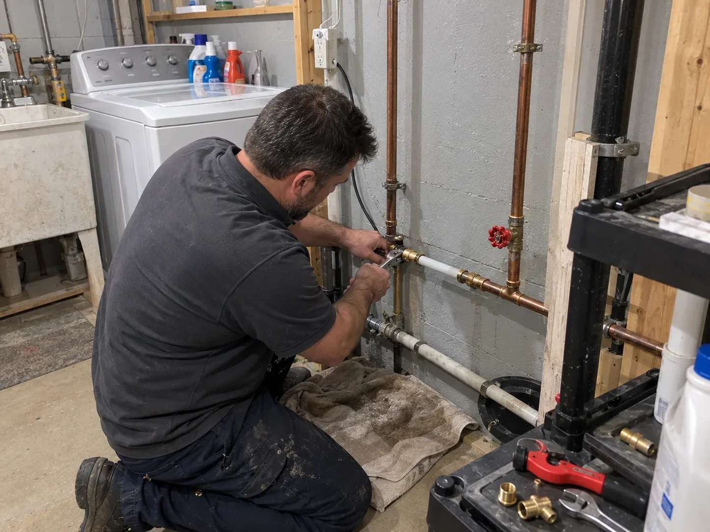 Plumber replacing a burst section of pipe