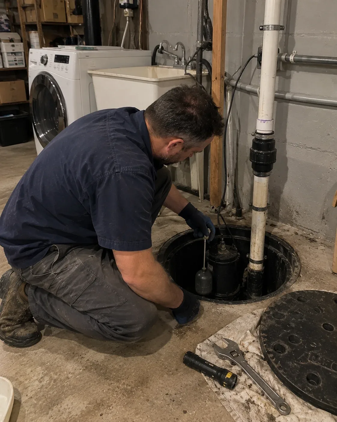 Plumber servicing a sewage ejector pump in a Chatham-Kent basement