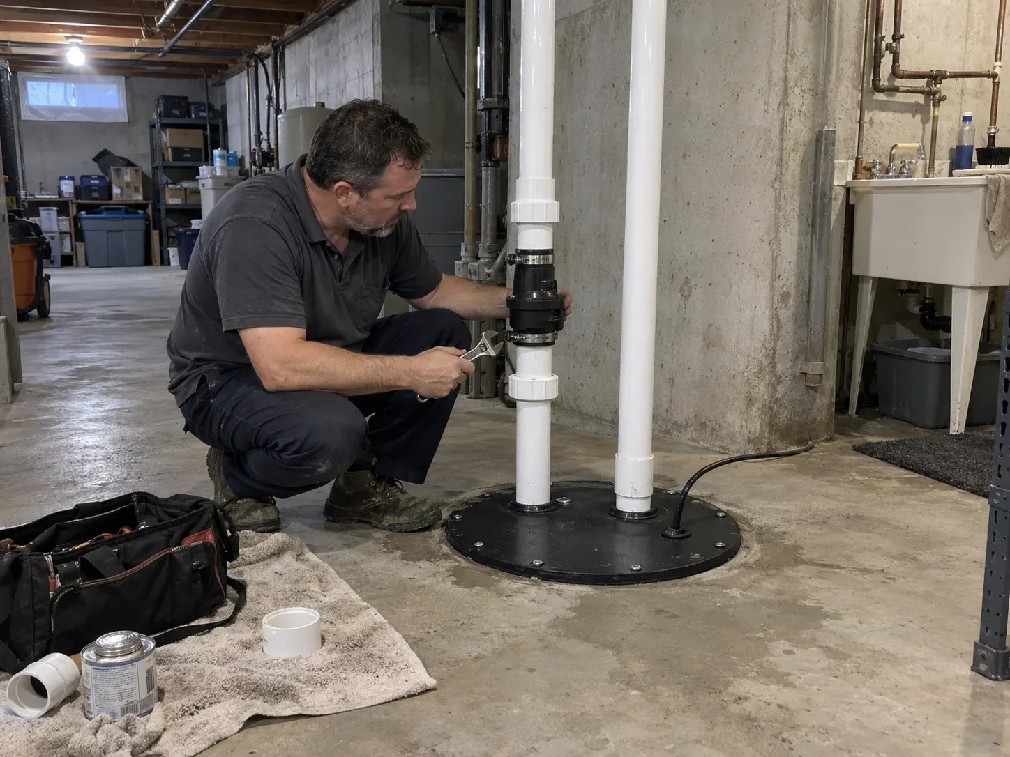 New sewage ejector pump basin with check valve and vent pipe