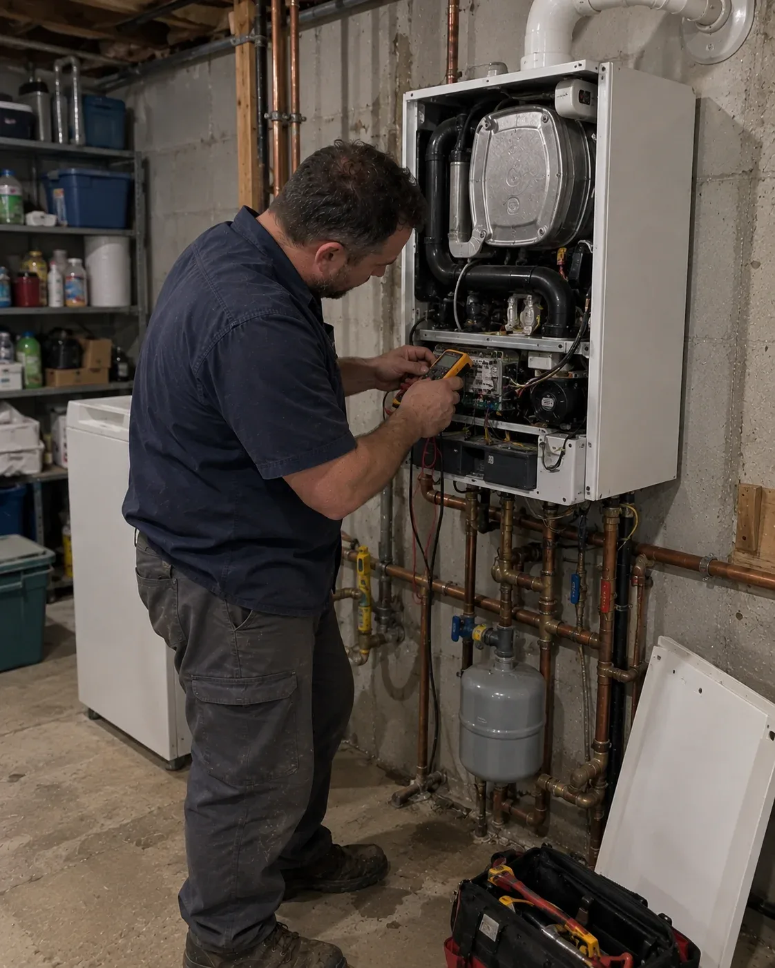 Technician servicing a boiler in a Chatham-Kent home