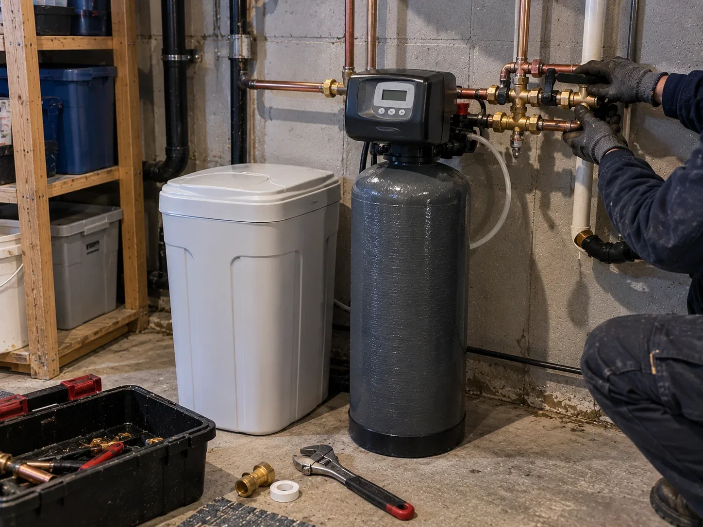 Plumber connecting a new whole-house water softener resin tank and brine tank to copper plumbing in Chatham-Kent Ontario