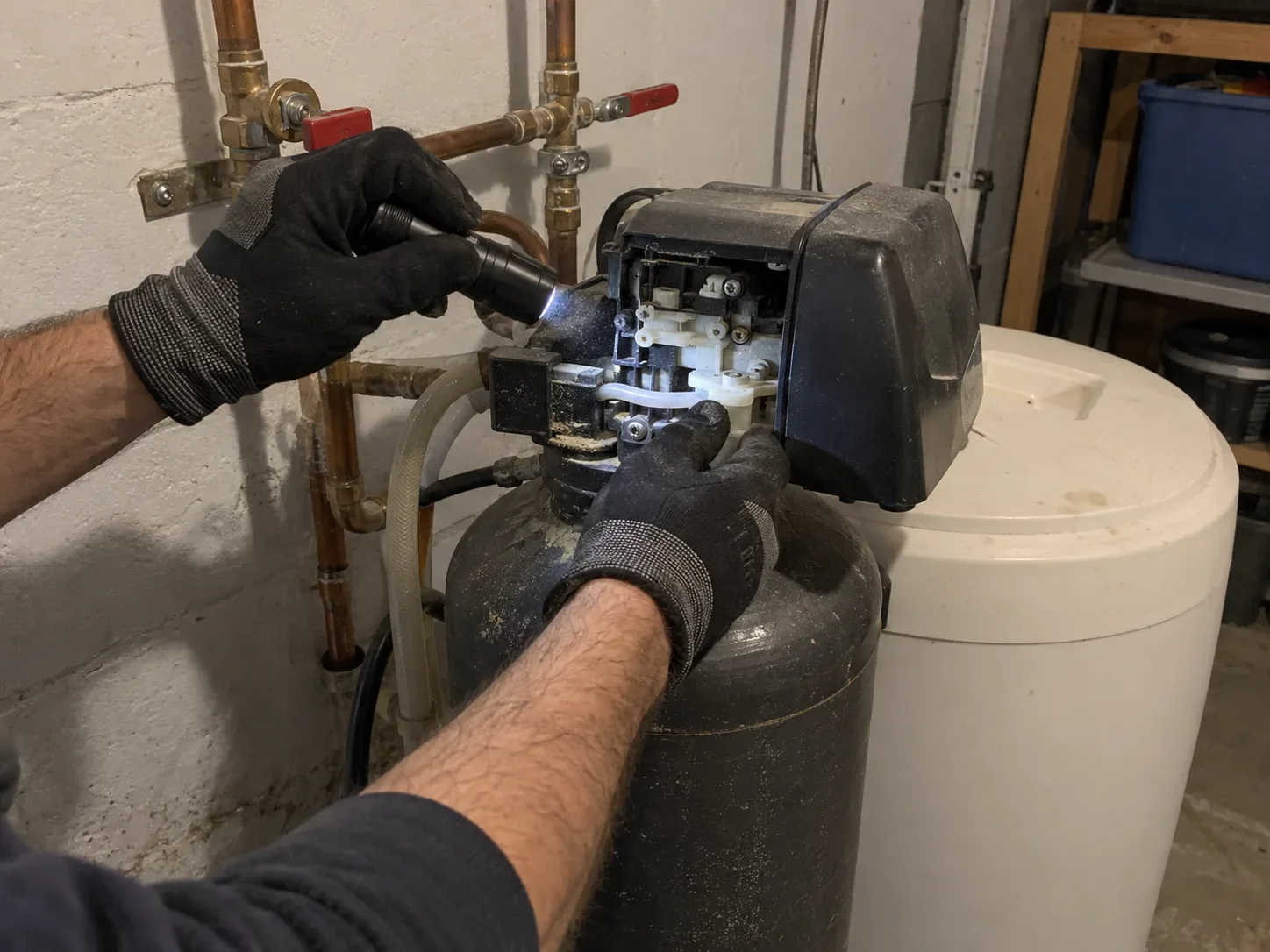 Plumber inspecting and servicing the control valve on an older residential water softener in Chatham-Kent