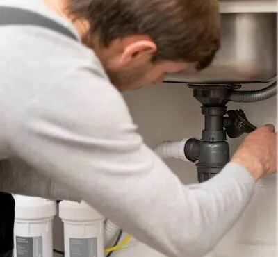 Plumber in Chatham-Kent fixing a drain under a sink